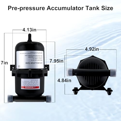 Image of Pre-Pressurized Accumulator Tank, RV Water Pump 0.75L Max 125PSI, 1 /2 MNPT Port Fitting, Flow Control Inner Bladder Reduced Pump Cycling Suitable for RV Travel Trailer Boat Caravan(filter&PTFE tape)