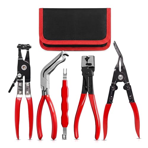 5-Piece Automotive Electrical Disconnect Pliers Kit, Electrical Connector & Terminal Removal Tool Set with Hose Clamp Pliers for Wire Harness, Sensor Plugs & Trim Clips with Storage Bag