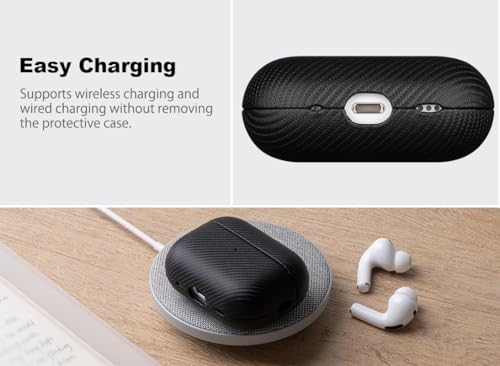 Image of Haobobro for AirPods Pro 3 Case Cover - Selected Vegan Leather, Carbon Fibre Texture, Handmade Drop Protective Hard Cover, Qi and MagSafe Charging Compatible - AirPods Pro 3rd Generation Case - Black
