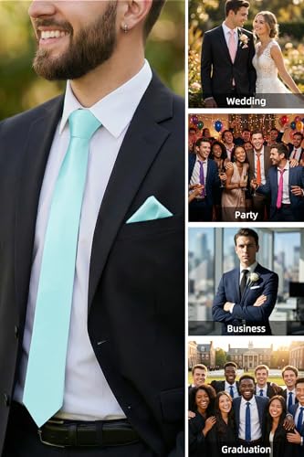 Image of HISDERN Mens Ties Solid Color Ties for Men Formal Necktie with Pocket Square Set Satin Silk Neck Tie Handkerchiefs Set
