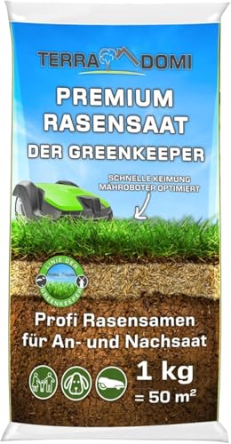 TerraDomi Premium Rasensamen für An-& Nachsaat I Schnellkeimend, robust und für einen dichten grünen Rasen I Mähroboter optimiert I 1kg für 50m²