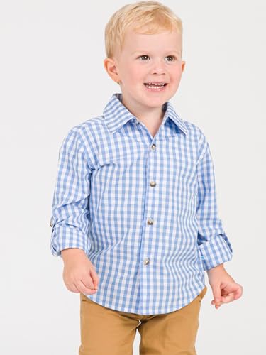 Image of RUGGEDBUTTS Boys Solid Cotton Long Sleeve Button Down Shirt with Button Tabs