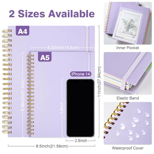 Notizbuch, Notizbuch A4 Liniert, Notizbücher Mit 5 Fächern Und Herausnehmbaren Trennblättern, 300 Blatt 100GSM Spiral Notizbuch Softcover Zum Schreiben, Für Arbeit Und Schulbedarf, 21.5 x 27.9cm, Lila