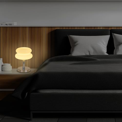 Jiesheng Glass Bedside Lamps 10.63 Inch Egg Tart Lamp For Nightstand Retro Cute Desk Lamp With 3 Color Modes E27 Bulb Chrome Plated Base For Living Room Bedroom Rome Decor thumb #1