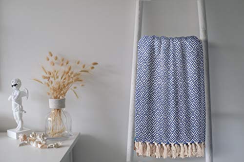 Cotton Chevron Decorative Blue Throw Blanket | Decorative Lightweight Sapphire Beige Geometric Pattered Textured Blankets With Fringe | 65X50 Inch | Sofa Couch Bed Chair Living Room Decor Picnic Beach #TOP1
