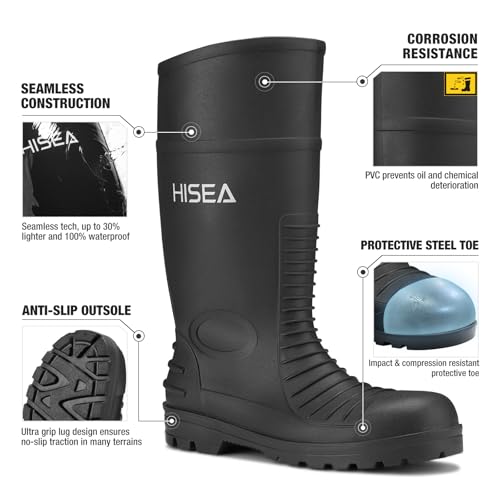 Image of HISEA Men's Steel-Toe Rain Boots, Rubber Boots Waterproof Slip Resistant | Garden Fishing Outdoor Work Boots, Durable Slip-Resistant Knee Boots for Farm Agriculture and Industrial Work