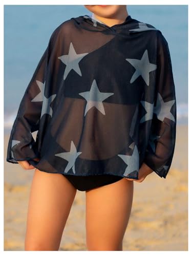 WDIRARA Toddler Girl's Star Graphic Sheer Hooded Cover Up Long Sleeve Swimwear Beach Top3