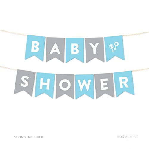 Andaz Press Boy Baby Shower Hanging Pennant Garland Party Banner with String, Blue and Gray, Baby Shower, 5-Feet, 1-Set