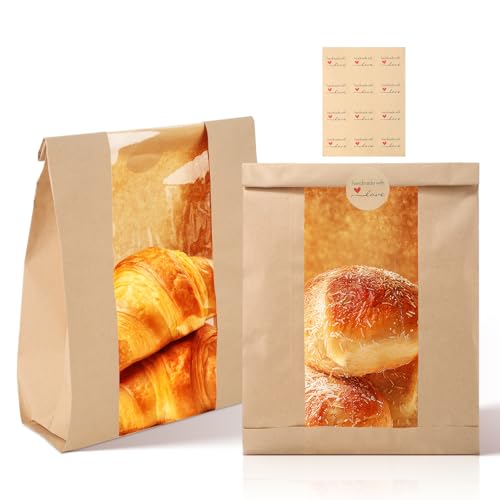 Cyblinia 60 Pack Toast Paper Bakery Bags Kraft Paper Bread Loaf Bags with Window for Loaf Pastry Cookies Candies with 60 PCS Label Seal Stickers (13.8
