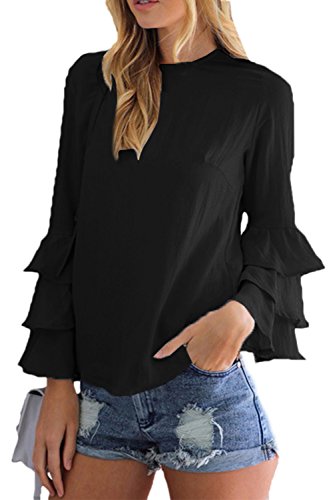 Mujeres Casual Camiseta con Volantes De Manga Larga Tunica Plus Size Top tee Negro L