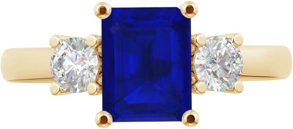 1.5 to 5.5 Carat Emerald 14K Yellow Gold 3 Stone LAB GROWN Gemstone and LAB GROWN Diamond Engagement Ring (1ct Center, VS1-VS2 Clarity)