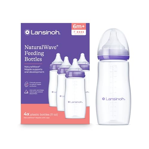 Image of Lansinoh Anti-Colic Baby Bottles, BPA-Free Plastic, 11 Ounces, 4 Count, Fast Flow Nipples (Size F), Breastfeeding Bottle with NaturalWave Design