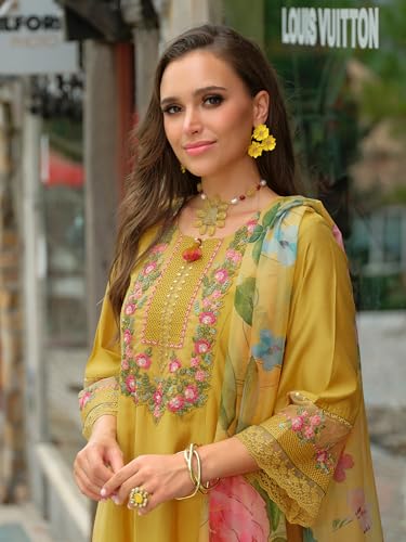 Image of INDO ERA Women's A-Line Silk Blend Floral Embroidered Kurta & Pant with Dupatta Set (IEOUT10970)
