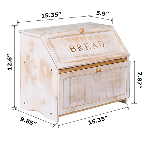 Homekoko Vintage Double Layer Large Bread Box For Kitchen Counter, Retro Design Vintage Wooden Large Capacity Bread Storage Bin (Vintage White) #TOP4