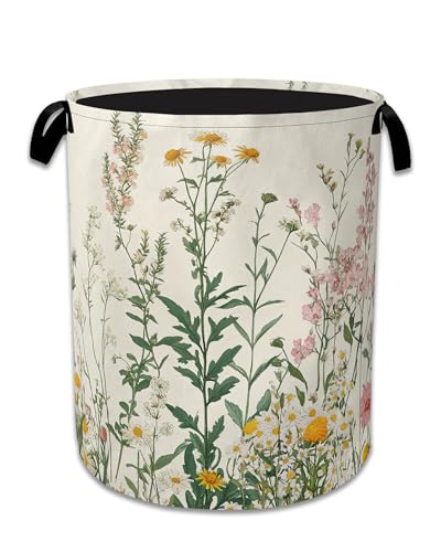 Image of Wildflowers Laundry Hamper With Handle,Foldable Oxford Cloth Vintage Herb Flower Botanical Laundry Basket,20.8 inchx16 inch Clothes Storage Basket for Laundry Room /Bedroom /Bathroom