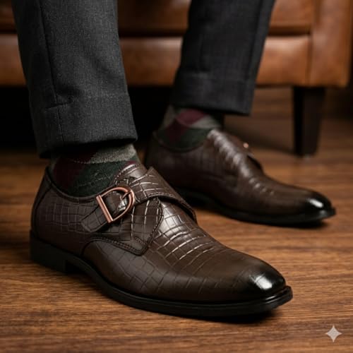 Image of Leatherful Single Monk Strap Shoe, Genuine Leather, Black, TPR Sole, Nappa Leather Lining