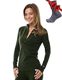 Merino Wool Base Layer Women - 100% Merino Half Zip Sweater Women Lite, Midweight, Heavyweight Thermal Shirts and Socks (Medium, 320 Army Green)