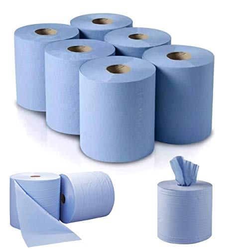 Lot de 6 rouleaux d'essuie-mains en papier recyclé à dévidage central Bleu Haute qualité Usage domestique Professionnel traiteur 2 plis 110 m Cover