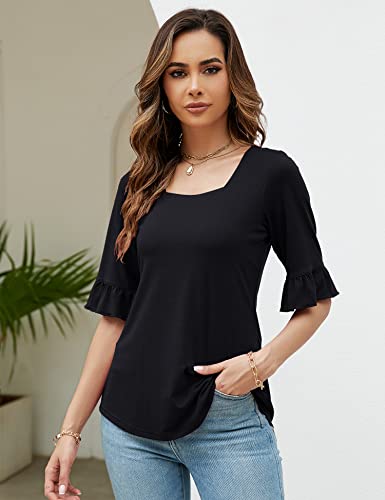 Womens 3/4 Sleeve Shirts Summer Square Neck Bell Sleeve Tops Business Casual Loose Tunic Work Dressy Blouses3