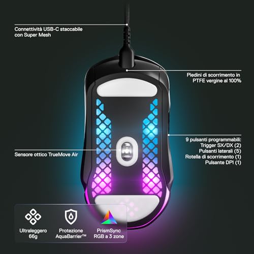 SteelSeries Aerox 5 - Mouse da gaming RGB con guscio forato - Design ultraleggero e resistente all'acqua - Sensore ottico TrueMove Air da 18K DPI - Immagine 2