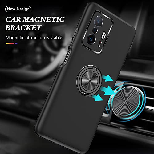 Eyzutak Case For Xiaomi 11T/11T Pro, Dual Layer Hard Military Phone Case With 360 Degree Ring Stand Silicone Bumper (Camera Protection) Magnetic Car Holder Protective Phone Cover Protector - Black #TOP2