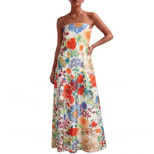 Image of Zwirelz Women Strapless Maxi Dress Boho Floral Print Flowy Long Tube Dress Off Shoulder Loose Beach Sundress
