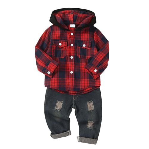 Image of Toddler Baby Boy Fall Winter Clothes Long Sleeve Plaid Hooded Sweatshirt Ripped Holes Jeans Set 1-5 Years Old