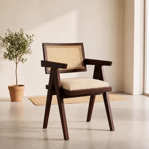 Image of Furniture Solid Sheesham Wood Upholstered Armchair with Cushion and Cane Back Support | Wooden Lounge Chair for Living Room, Bedroom and Balcony (Walnut Finish)