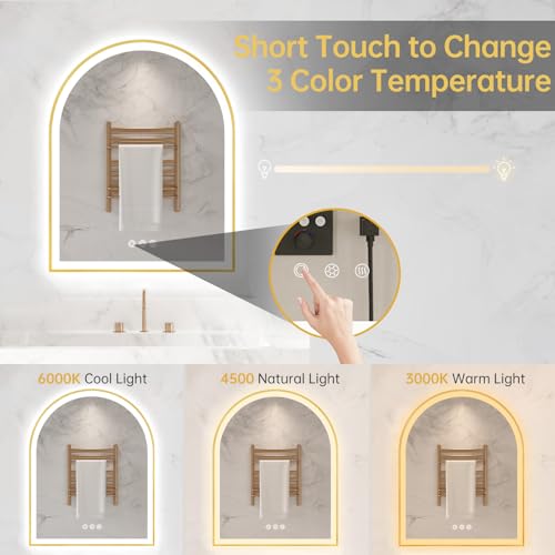 Image of Arched LED Mirror for Bathroom 24 inchx30 inch, Brushed Gold Lighted Bathroom Mirror with Lights, Fogless, Dimmable, Shatterproof, Touch Sensor, 3 Color Changing