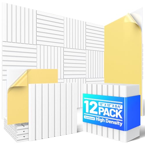 Image of 12 Pack Sound Proof Foam Panels for Walls, Acoustic Panels Self-Adhesive | 12 inch X 12 inch X 0.4 inch Slatted Soundproof Wall Panel, High Density Sound Absorbing Panel for Gaming Recording Studio Decor-White