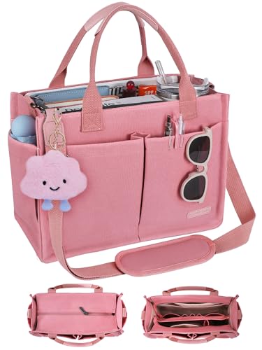 BESBESME Canvas Tote Bag for Women with Zipper & Compartments– Large Multi-Pocket Work & College Crossbody Shoulder Bag, Detachable Strap, Laptop Purse for Teachers, Nurses, Travel,Church,Pink,M