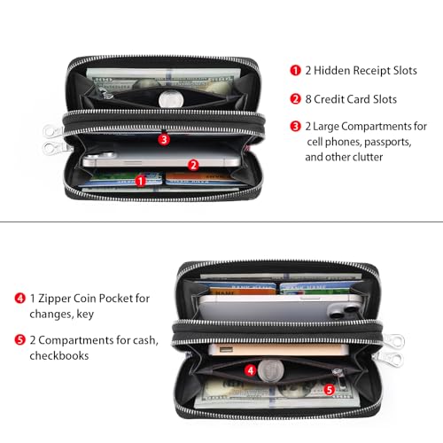 GOIACII Women's Wallet Large Capacity Double Zip Ladies Card Phone Holder RFID Blocking Wristlet Leather, A08 Midnight Roses, Vintage