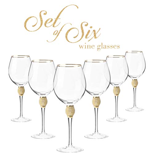 Berkware Set Of 6 Wine Glasses - Luxurious And Elegant Sparkling Studded Long Stem Red Wine Glass With Gold Rim #TOP1