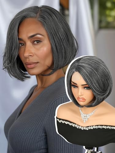 Quantum Love Mixed Grey Bob Wig Side Part Short Straight Layered Bob Wigs for Women Natural Hairline Gluless Realistic Synthetic Fiber for Daily Party