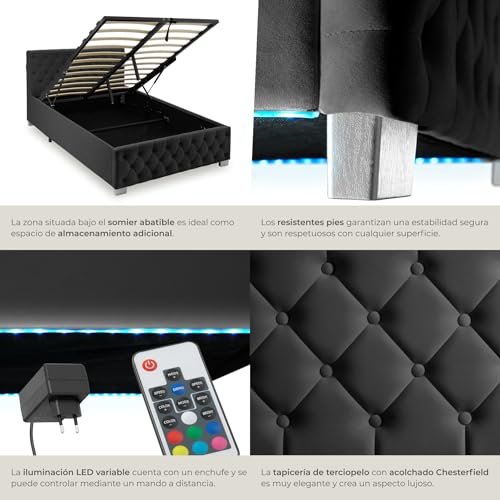 tectake® Cama Tapizada de Terciopelo con Leds, Canape Somier Abatible, Acero Estable, Cama Alta con 300 kg de Capacidad, Mando, Acolchado Chesterfield, Iluminación LED - 215 x 129 cm Negro - imagen 6