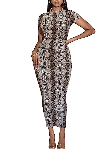 Image of Women's Long Bodycon Dresses Leopard Print Casual Maxi Club Party Tight Dress Short Sleeve