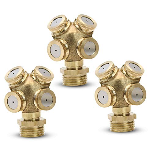 SNOWINSPRING Misting Nozzle, 4-Hole Brass Agricultural Misting Nozzle Garden Sprinkler Irrigation System, 3-Pack with 1/4 to 1/2 Fitting