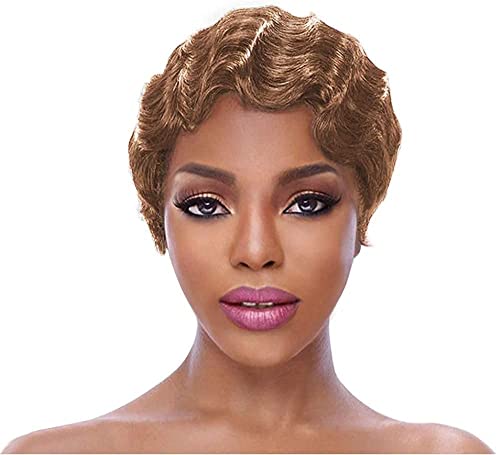 iShine Pixie Cut Wigs 100% Human Hair Short Mommy Wig Finger Wave Wigs Ocean Wave Wig 6 Inch Short Curly Wigs Parting Wig for Black Women & Mommy (Medium Auburn #30)