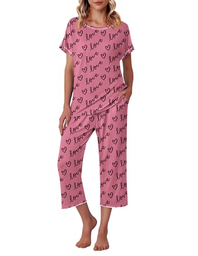 Image of Ekouaer Women's Capri Pajama Sets Print Short Sleeve Sleepwear Top and Capri Pants Soft Loungewear with Pocket