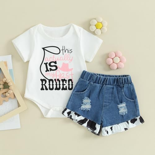 Western Baby Girl Summer Clothes This Actually is My First Rodeo Romper Cow Print Denim Shorts Set Cowgirl Outfits2