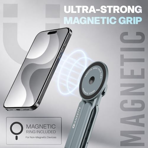 Image of Amkette Ergo Fold Pro 4 in 1 Laptop Stand Metal for Phone, Tablet & Laptop, 8 Level Foldable Aluminium Laptop Stand with MagSafe Mount, 180 Rotating Design, Adjustable Viewing, Anti Slip Grip Black