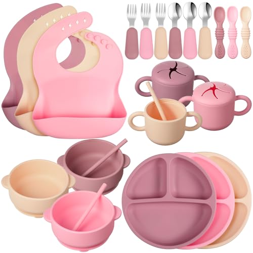 Image of 24 Pack Silicone Baby Feeding Set Baby Led Weaning Supplies Includes Suction Divided Plates Soft Bowl Spoons Forks Adjustable Bib Snack Cup and Straws for Baby Eating (Pink, Dark Pink, Nude)