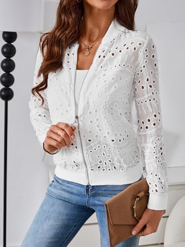 SweatyRocks Women's Bomber Jacket Eyelet Embroidery Long Sleeve Casual Hollow Out Lightweight Zipper Up Jacket3