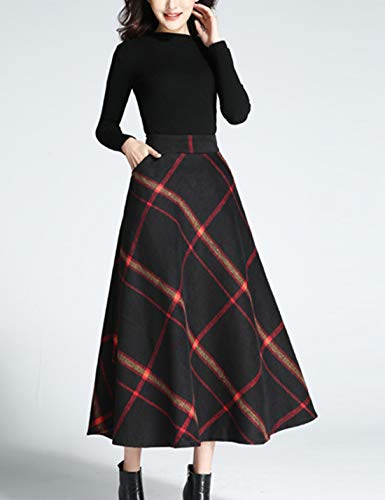 Tanming Women's Winter Warm Elastic Waist Wool Plaid A-Line Pleated Long Skirt (Black-L) #TOP2