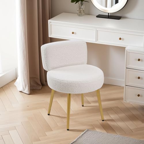 Warmiehomy White Dressing Table Chair with Gold Legs Teddy Velvet Makeup Vanity Stool Chair for Dressing Table Bedroom Living Room