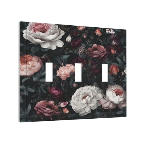Decorative Light Switch Cover Plate Rustic Big Pink Flowers White Peony Floral 3 Gang Wall Plate Oversized Triple Toggle Switch Cover Plate Jumbo Faceplate for Home Decor