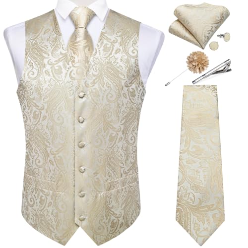 Image of DiBanGu Mens Vest and Tie Set Formal Paisley Waistcoat and Necktie Pocket Square Cufflinks Silk Suit Vest for Tuxedo Wedding