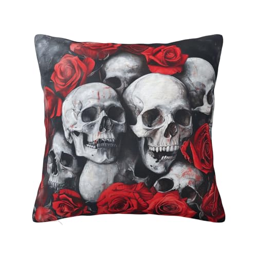 Housse de coussin carrée imprimée tête de mort et rose rouge pour canapé, jardin, salon, bureau