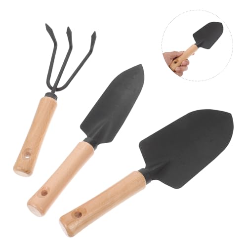 MOTHNUR 木製ハンドル園芸シャベル三点 軽量屋外用ガーデンツール 実用的な三齒レーキ付き 手に優しい滑らか仕上げ 耐久性と携帯性を兼ね