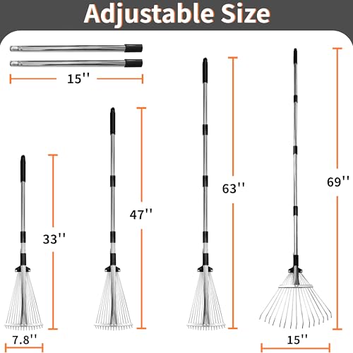 Garden Rake for Leaves – Heavy Duty Metal Leaf Rake for Lawns with Adjustable Handle (33"-69") & Expandable Head (8"-15") – Durable for Lawn, Shrub, Garden Beds – Essential Gardening Tools - Image 2